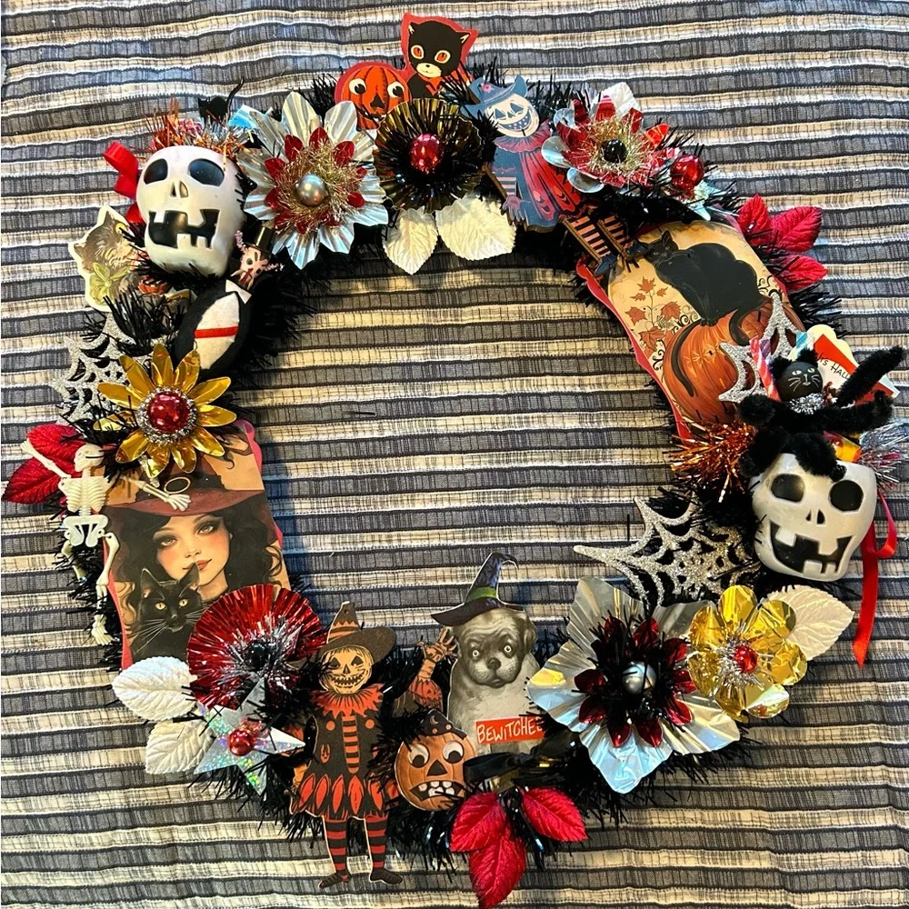 Vintage Repurposed Halloween Festive Holiday Wreath